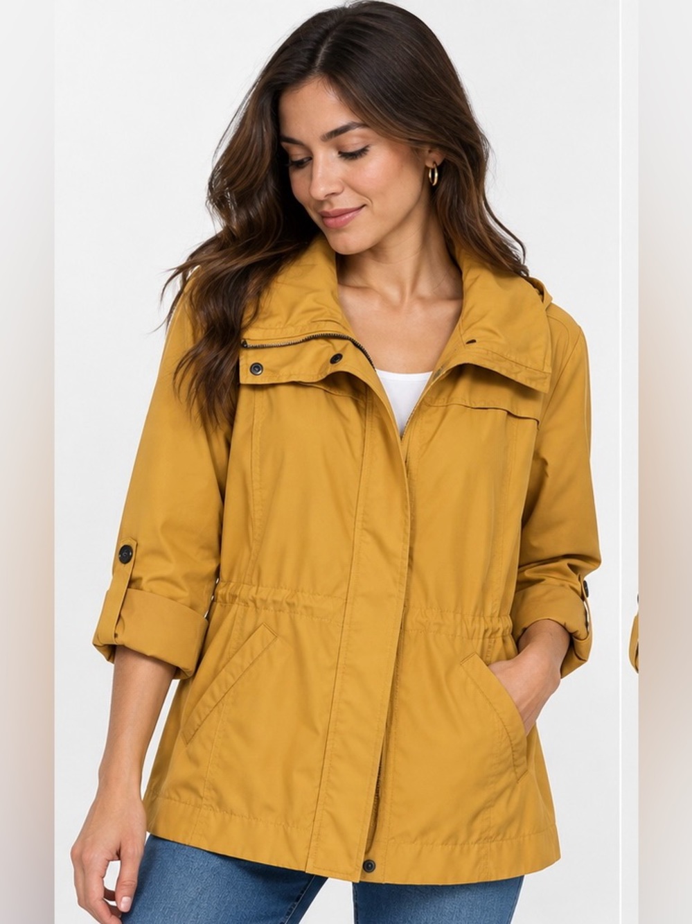 Mo-Ka Women’s XL Mustard Yellow Hooded Utility Rain Jacket Roll-Tab Sleeves
